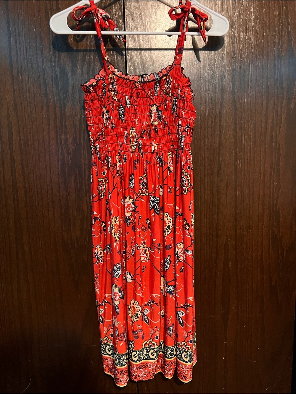 Red Floral Midi Dress with Tie Straps